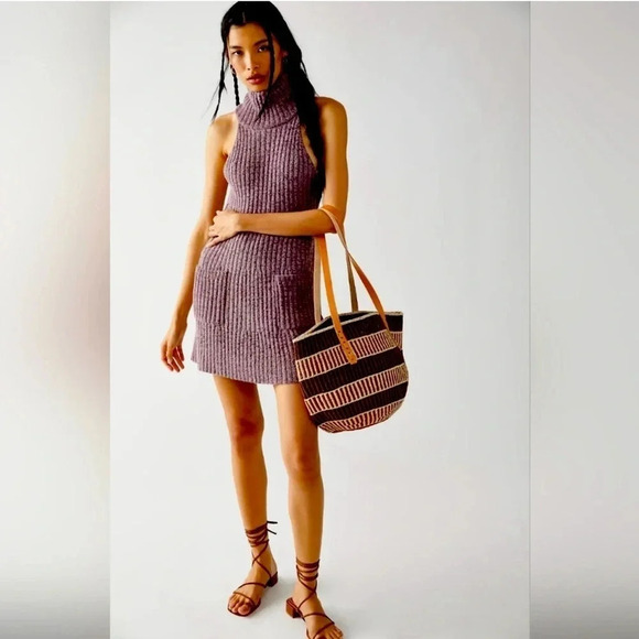 NWT Free People Claude Mini Sweater Dress Size Large Brandy Wine Sleeveless Knit - Picture 1 of 11